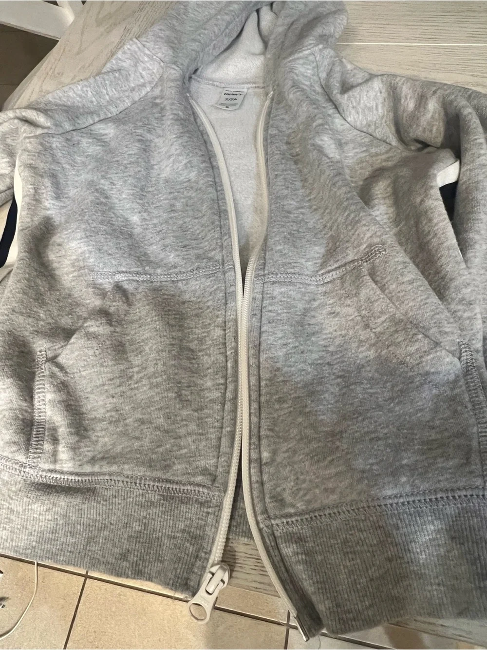 Carter's Boys Light Grey Hooded Zip Sweatshirt with Side Stripes- Size 7